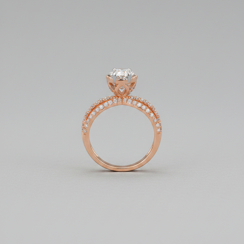Round Brilliant Spindle Diamond Ring with Pavé Band