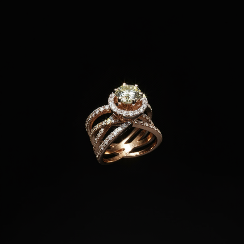 Round Brilliant Spindle Diamond Ring with Pavé Band