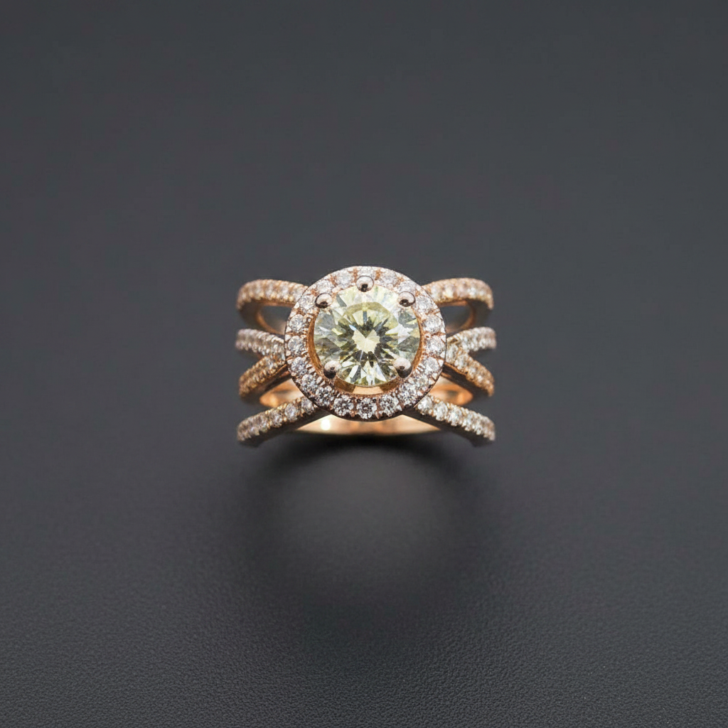 Round Brilliant Spindle Diamond Ring with Pavé Band