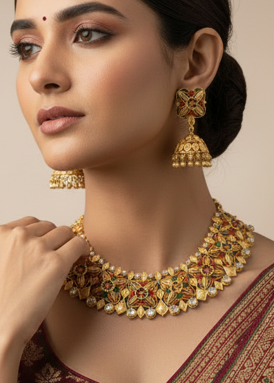 22 karat Gold Meenakari Necklace Set