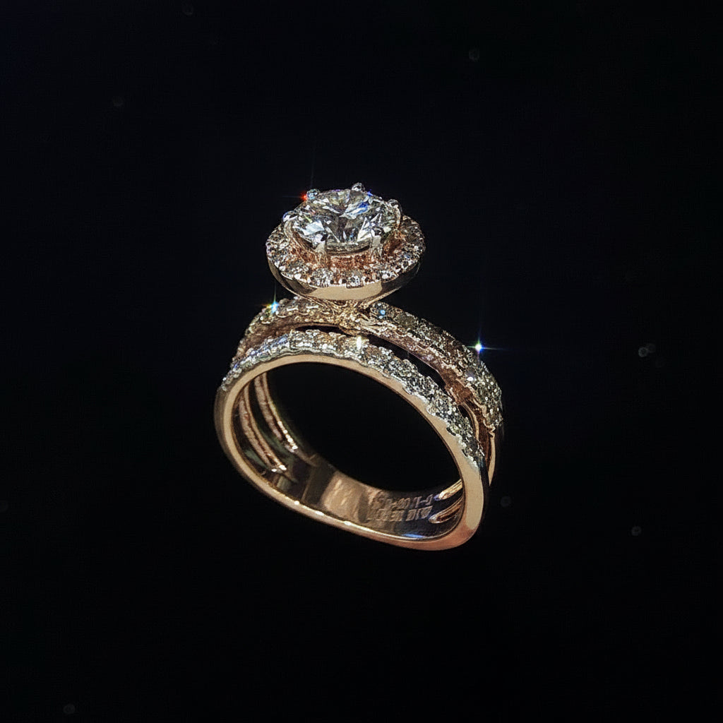 Round Brilliant Halo Diamond Ring with Pavé Band