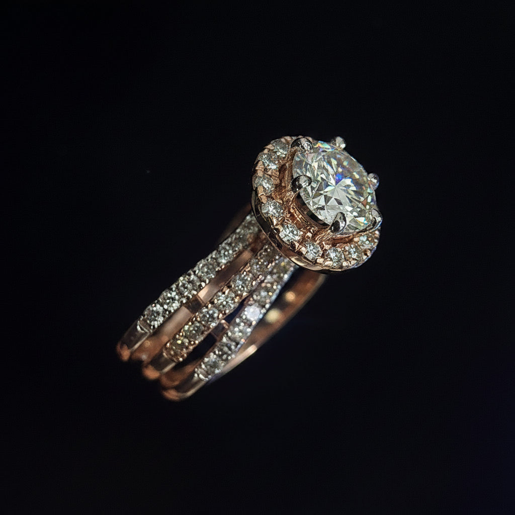 Round Brilliant Halo Diamond Ring with Pavé Band