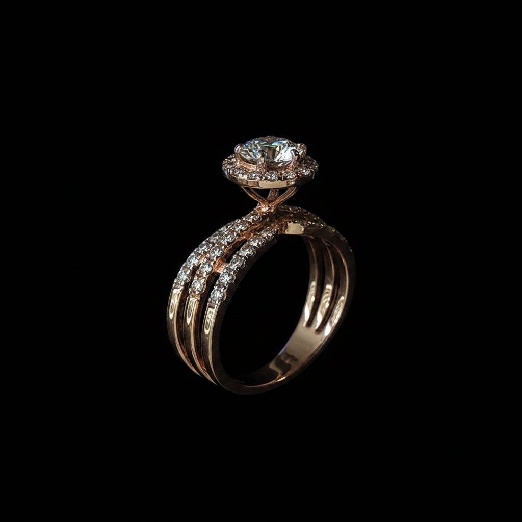 Round Brilliant Halo Diamond Ring with Pavé Band