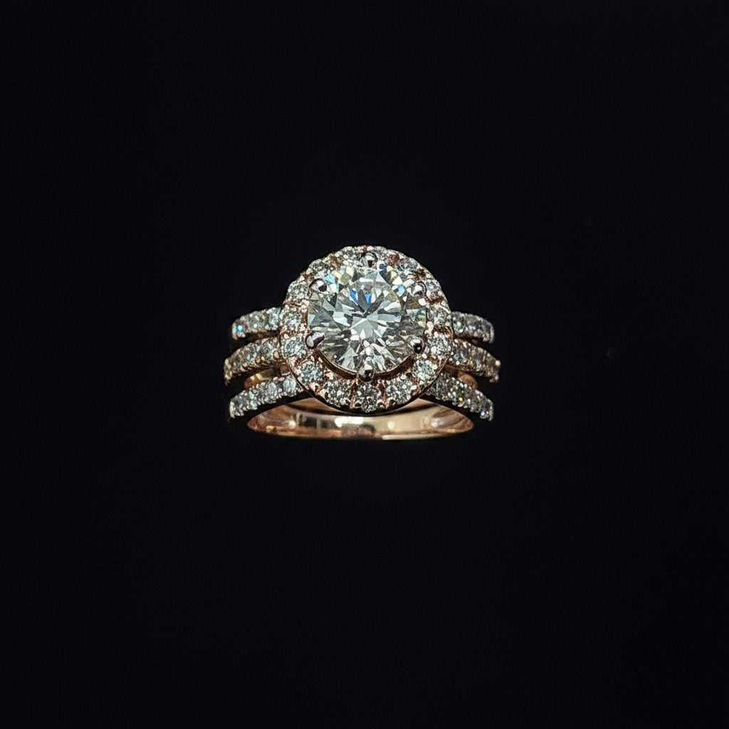 Round Brilliant Halo Diamond Ring with Pavé Band