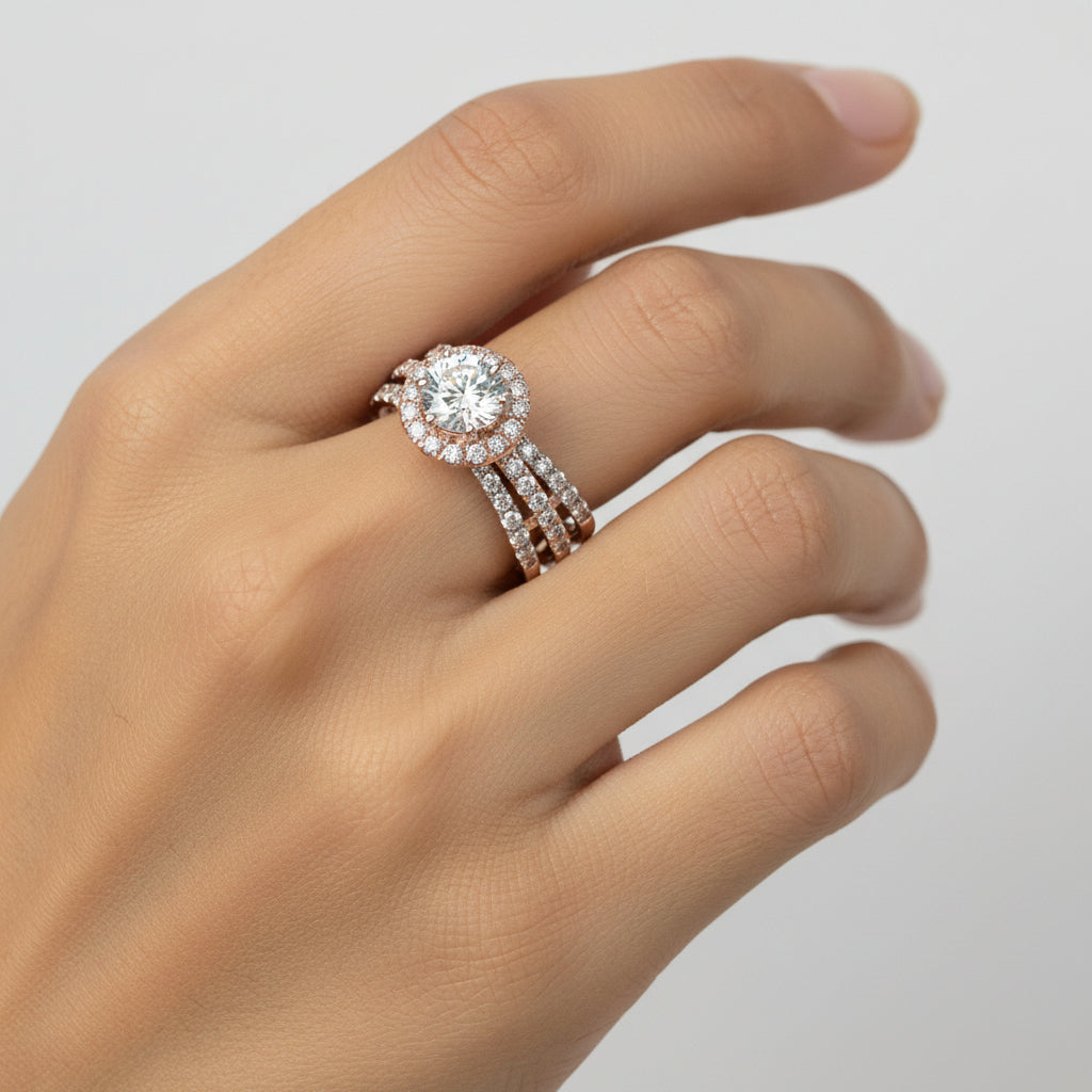 Round Brilliant Halo Diamond Ring with Pavé Band