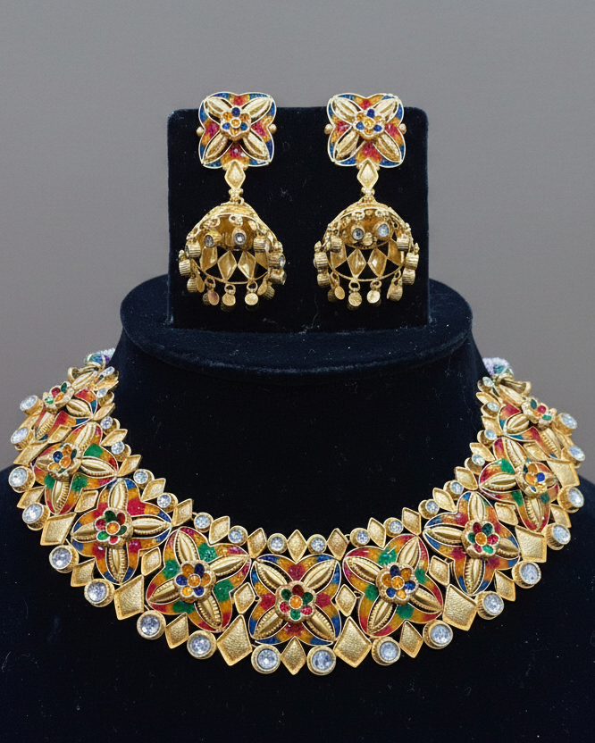 22 karat Gold Meenakari Necklace Set