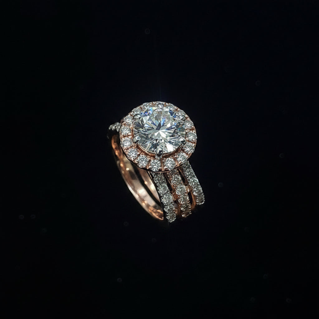 Round Brilliant Halo Diamond Ring with Pavé Band