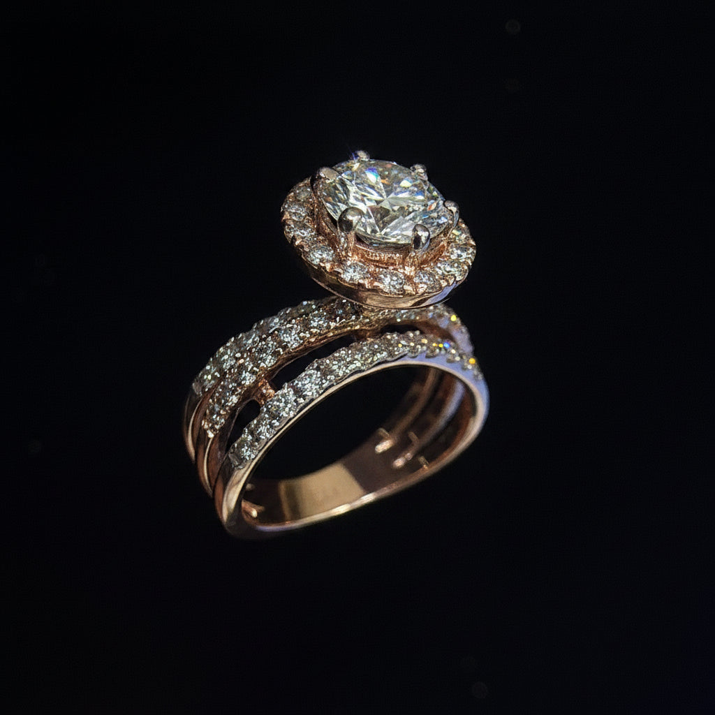 Round Brilliant Halo Diamond Ring with Pavé Band