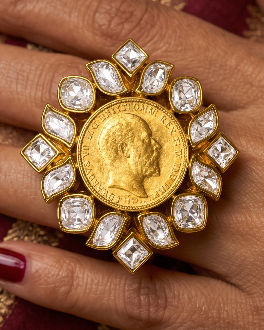 Regal Gold Coin Ring Featuring Traditional Kundan Art
