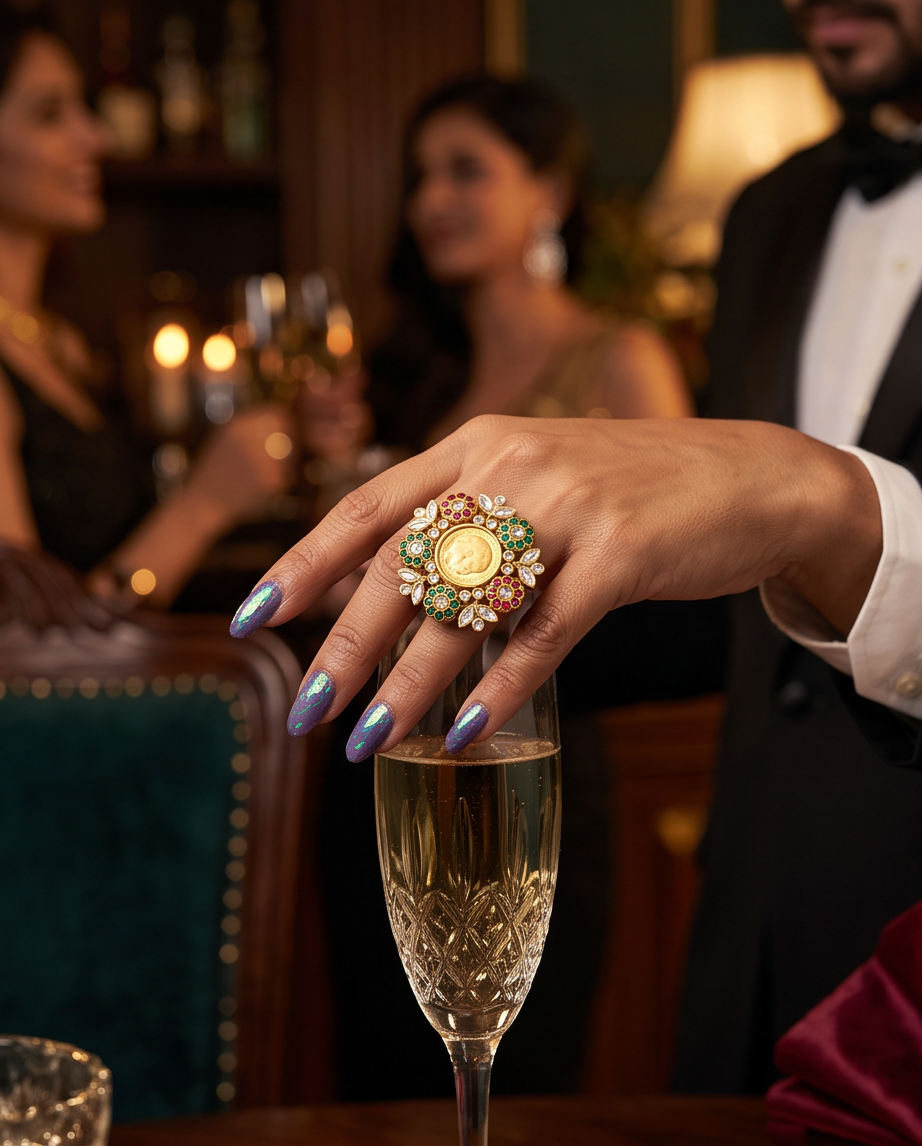 Antique Gold Coin Ring with Handcrafted Meenakari Ring