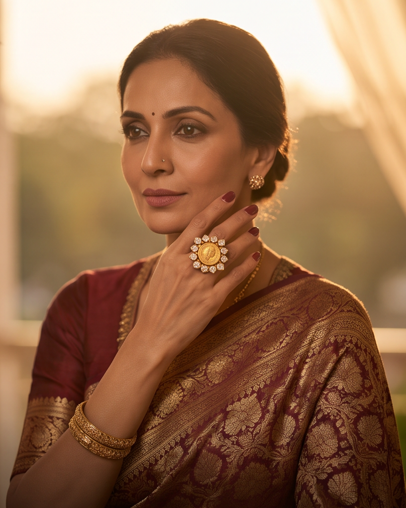 Regal Gold Coin Ring Featuring Traditional Kundan Art