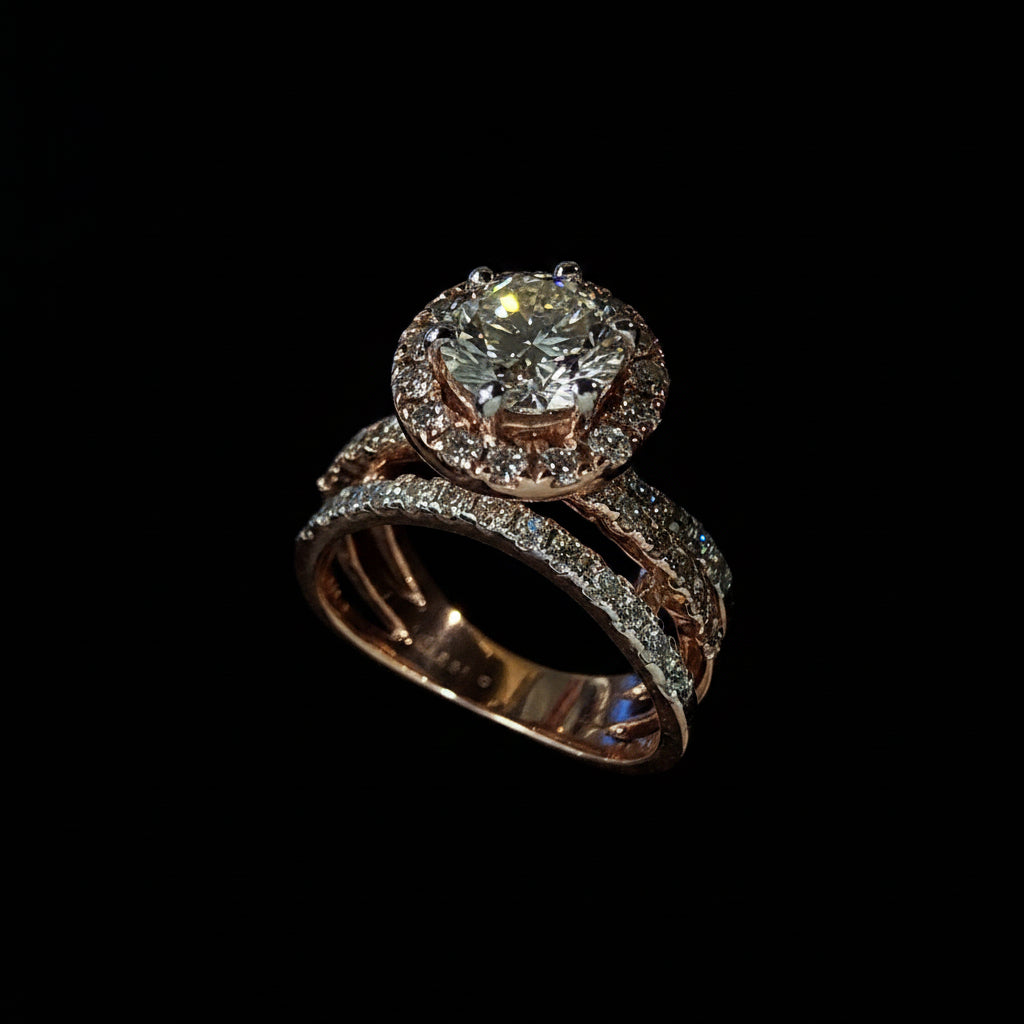 Round Brilliant Halo Diamond Ring with Pavé Band