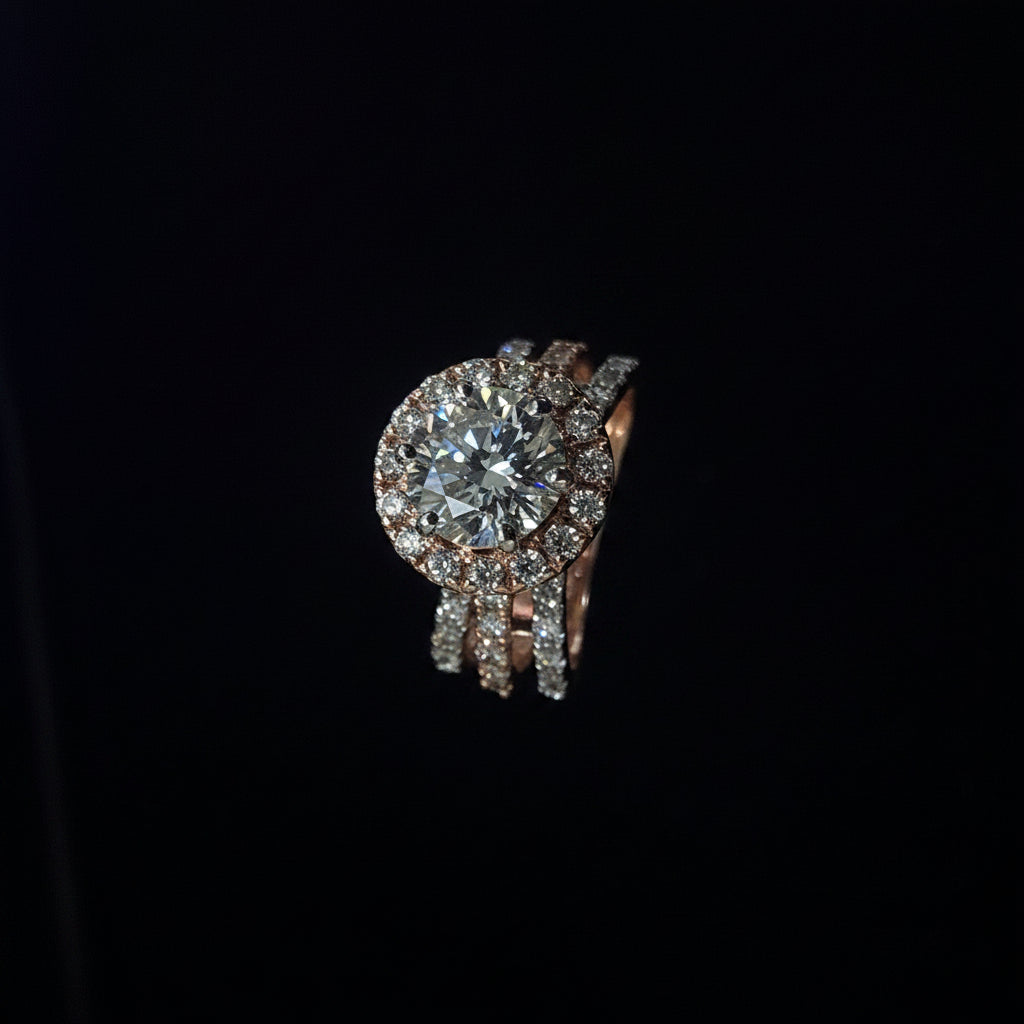 Round Brilliant Halo Diamond Ring with Pavé Band